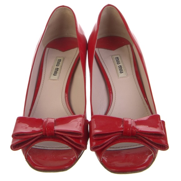 Miu Miu Prada Red Patent Leather Pip Toe Swarovski Crystals Block Heels Pumps - Picture 2 of 7